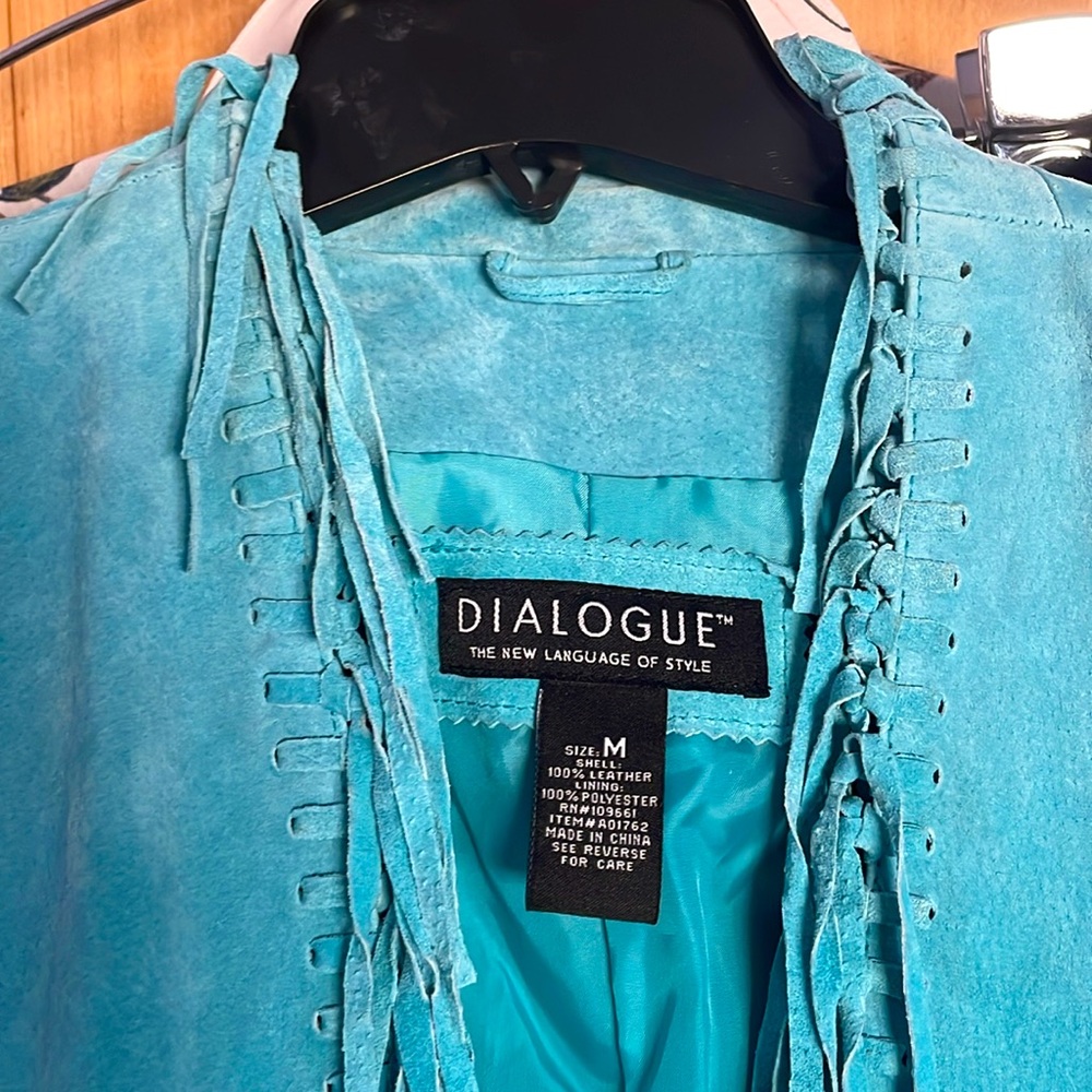 Turquoise Blue suede jacket with fringe trim M - Picture 4 of 4